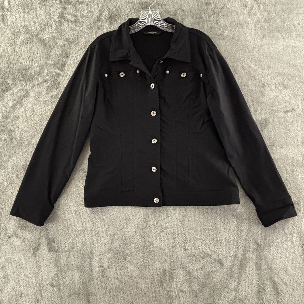 Simon Chang Black Stretch‎ Trucker Jacket Womens 12 Button Up Lightweight Casual